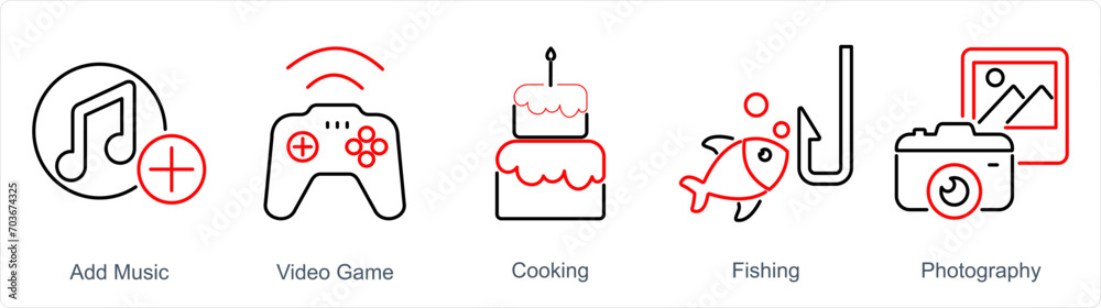 A set of 5 Hobby icons as add music, video game, cooking A set of 5 Hobby icons as add music, video game, cooking