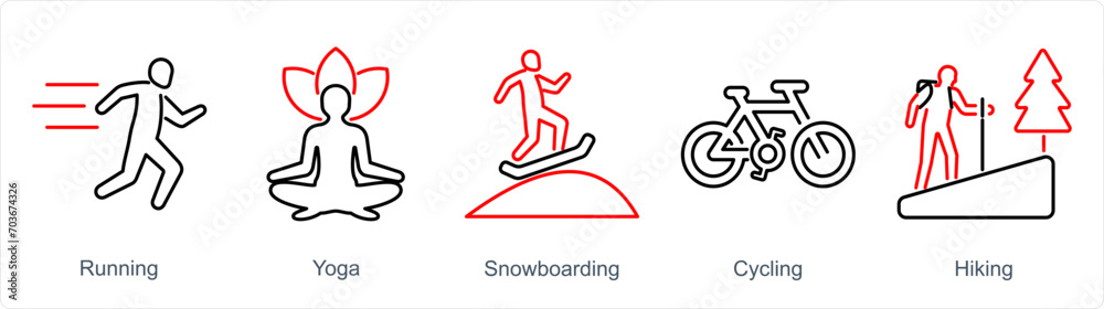 Obraz premium A set of 5 Hobby icons as running, yoga, snowboarding