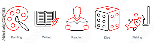 A set of 5 Hobby icons as painting, writing, reading