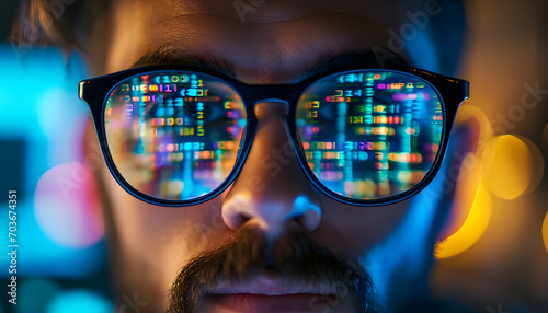 Digital technology, computer programming code reflecting on software developer glasses © santima