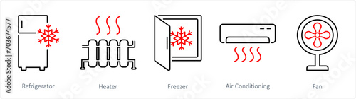 A set of 5 Home Appliance icons as referigerator, heater, freezer