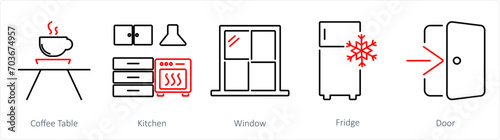 A set of 5 Home Interior icons as coffee table, kitchen, window