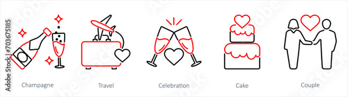 A set of 5 Honeymoon icons as champagne, travel, celebration