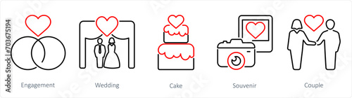 A set of 5 Honeymoon icons as engagement, wedding, cake