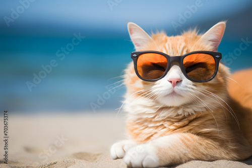 Funny cat posing on a beach in sunglasses.