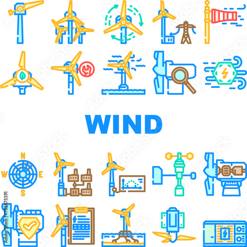 wind energy power turbine icons set vector. farm renewable, sustainable industry, electric generator, green environment, mill wind energy power turbine color line illustrations