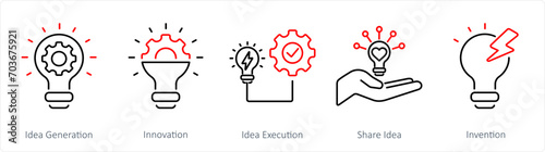 A set of 5 Idea icons as idea generation, innovation, idea execution