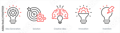 A set of 5 Idea icons as idea generation, solution, creative idea