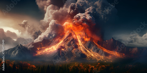 A Volcano Erupting Nature Disaster , Eruption Emergency: A Volcano Unleashing Its Destructive Force photo