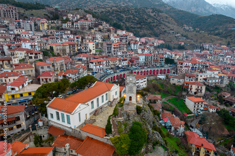 Scenic aerial view of the famous winter resort of Arachova on mountain Parnassus, Greece.