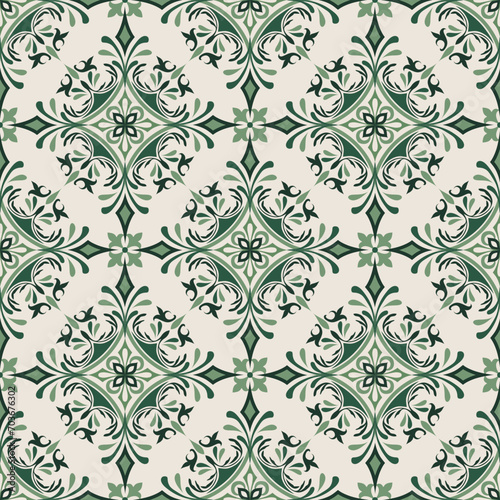 Seamless green patchwork tile with Islam, Arabic, Indian, ottoman motifs. Ceramic tile in talavera style. Vector illustration.