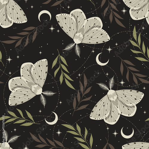 Magic celestial seamless pattern with moths. Boho magic background with space elements stars. Vector doodle texture.