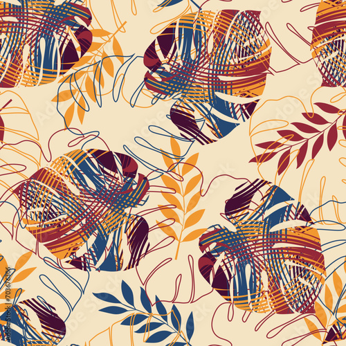 Colorful pattern with tropical leaves and abstract strokes. Monstera pattern