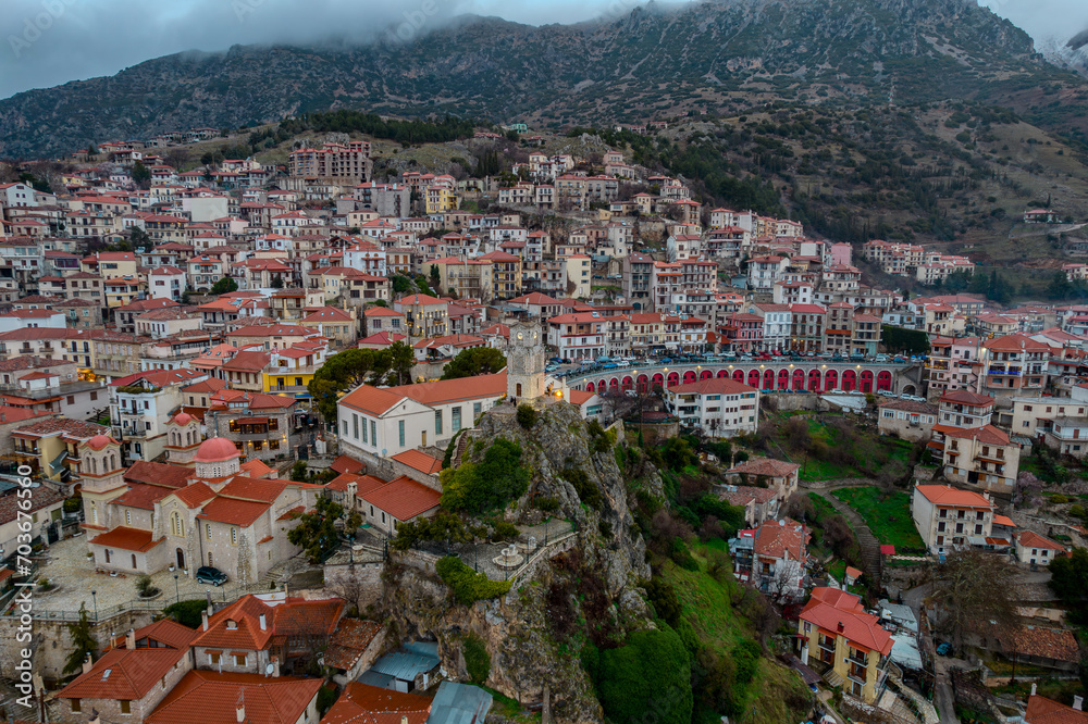Scenic aerial view of the famous winter resort of Arachova on mountain Parnassus, Greece.