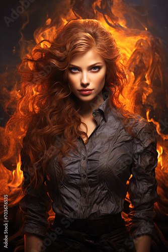 woman girl witch demoness sorceress on background of fire. Cover for a horror novel book