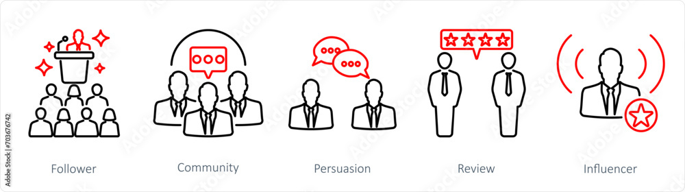 A set of 5 Influencer icons as follower, community, persuasion A set of 5 Influencer icons as follower, community, persuasion