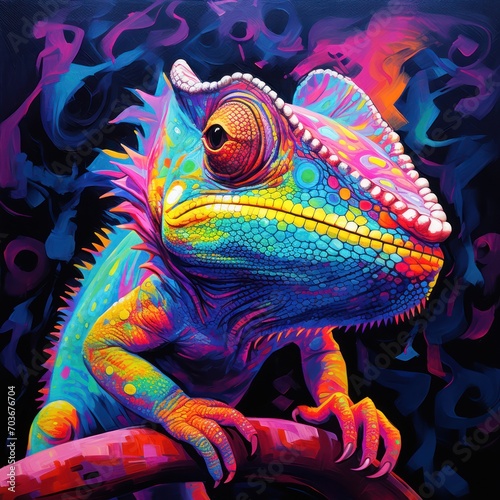 Blacklight painting-style chameleon  chameleon pop art illustration
