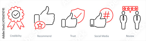 A set of 5 Influencer icons as credibility, recomment, trust