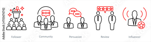 A set of 5 Influencer icons as follower, community, persuasion photo