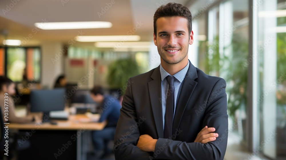 A young and cheerful professional business man in a modern office setting with vibrant natural light