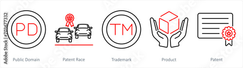 A set of 5 Intellectual Property icons as public domain, patent race, trademark