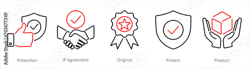 A set of 5 Intellectual Property icons as protection, ip agreement, original