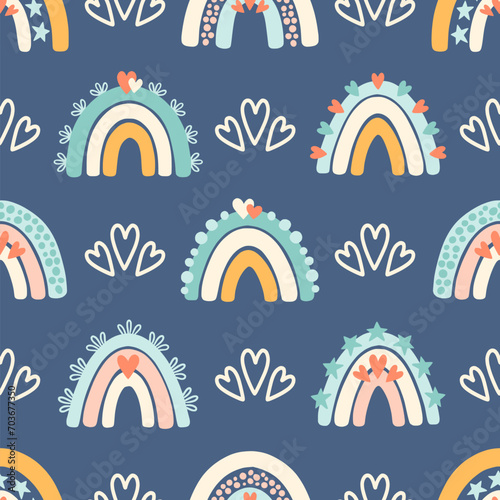 Pattern with colorful rainbow in a naive children's style. Seamless pattern with rainbow in bright colors. Illustration for textile, fabric design, wallpaper, wrapping paper and other printing.