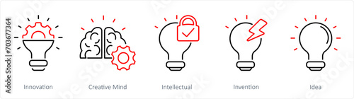 A set of 5 Intellectual Property icons as innovation, creative mind, intellectual