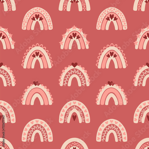 Pattern with colorful rainbow in a naive children's style. Seamless pattern with rainbow in bright colors. Illustration for textile, fabric design, wallpaper, wrapping paper and other printing.