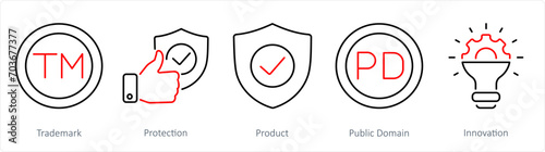 A set of 5 Intellectual Property icons as trademark, protection, product