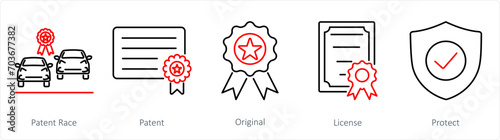 A set of 5 Intellectual Property icons as patent race, patent, original