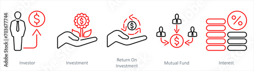 A set of 5 Investment icons as investor, investment, return on investment