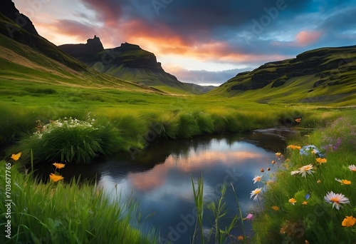 Canvas Print AI generated illustration of A lake surrounded by majestic mountains and lush me