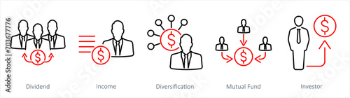 A set of 5 Investment icons as dividend, income, diversification