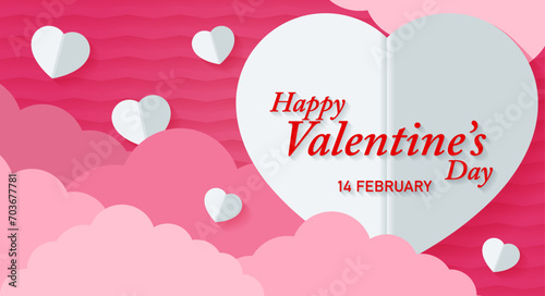 Happy Valentine's Day Celebration on Origami Paper Heart and Paper Cloud Style