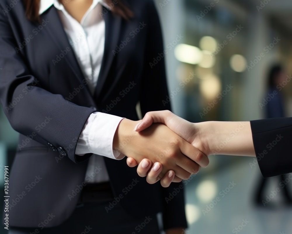 Business people shaking hands sealing deal in office collaboration, professional job interview attire image
