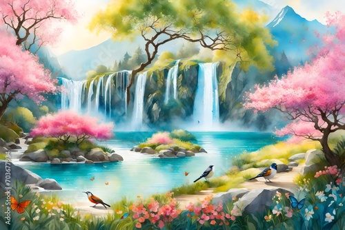 A lively Mountain Orchard Spring  featuring cascading waterfalls  colorful butterflies  and birds  a harmonious blend of nature s elements