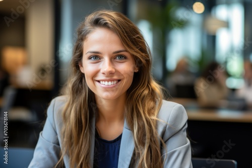 Happy business woman in job interview exuding confidence and positivity a perfect fit for the office environment, hiring image for startups photo