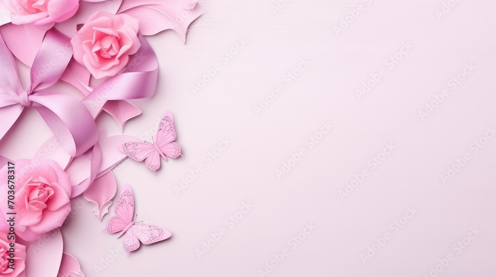 Pink background with flowers and ribbons