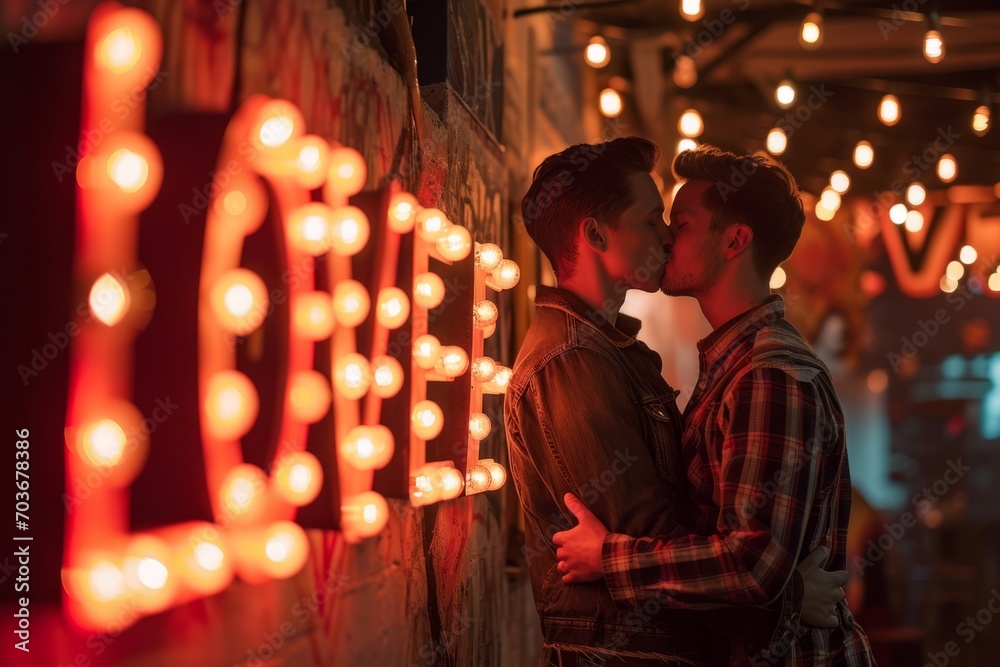 Romantic Gay Couple Kissing under Festive Lights.
Two men sharing a kiss with soft glowing lights in the background.