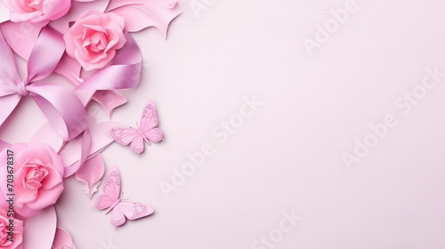 Pink background with flowers and ribbons