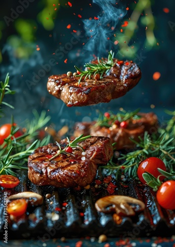photo of Flying pieces of beef meat pieces bbq from grill grid, tomato, rosemary, thyme, mushrooms
