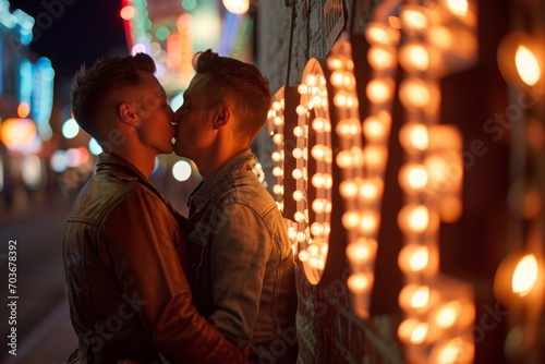 Intimate Moment of a Gay Couple by Illuminated Wall. Two men kissing beside a wall adorned with bright circular lights.