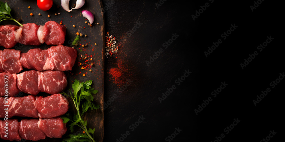 Grilled steak on a dark background. Piece of meat with salt, pepper, herbs,Top view of assortment of italian food on black background with copy space,Pieces of fresh beef with herbs garnish 