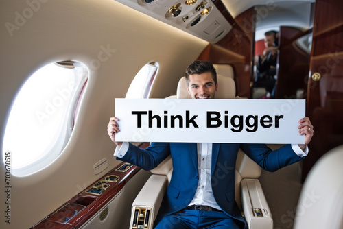 Think bigger concept image with rich successful young man in private jet holding a sign with written word Think Bigger photo