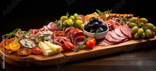 Assorted gourmet cheeses and cured meats on wooden platter. Gourmet food and catering.
