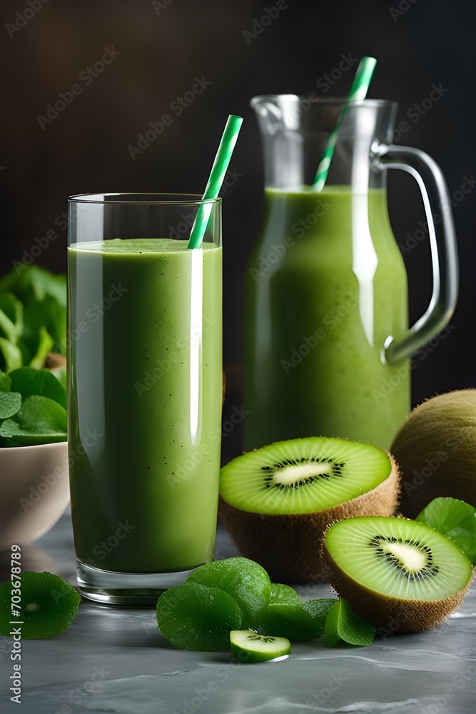 A nutritious green smoothie with leafy greens and a hint of kiwi, placed on a textured stone counter, background image, generative AI A nutritious green smoothie with leafy greens and a hint of kiwi, placed on a textured stone counter, background image, generative AI