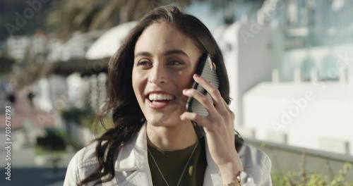 Walking, smile and woman on a phone call in city for shopping with sale, promotion or discount. Happy, housewife and rich female person on mobile conversation with posh lifestyle commuting in town.