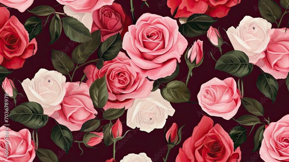 Beautiful roses background illustration. White, pink, and red flowers pattern. Beautiful roses background illustration. White, pink, and red flowers pattern.