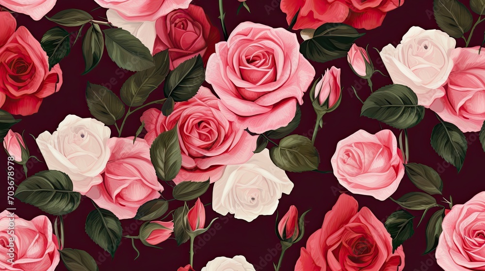 Beautiful roses background illustration. White, pink, and red flowers pattern.